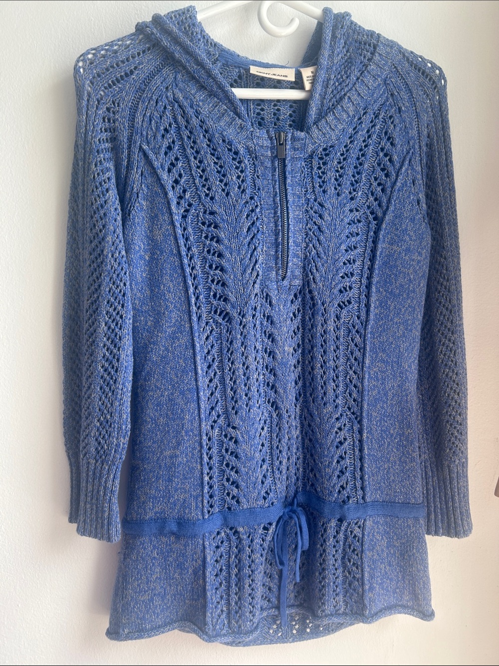 Vintage DKNY Blue Hooded Open-Knit Half-Zip Cardigan/ beach cover up
